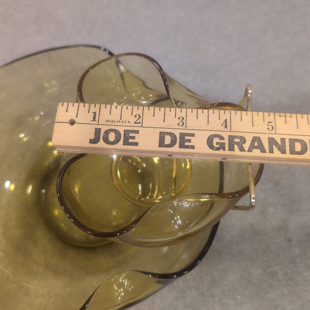 Vintage MCM Smoked Olive Green Glass Ruffled Chip and Dip Set with Metal Bracket - Picture 7 of 8